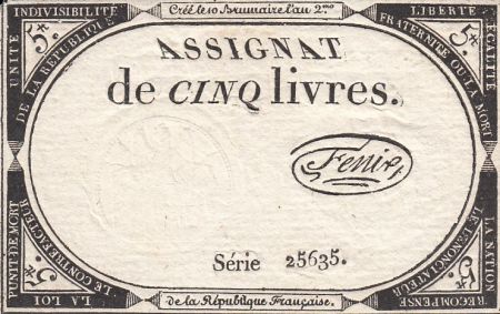 France 5 Livres 10 Brumaire An II (31.10.1793) - Sign. Fenix
