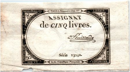 France 5 Livres 10 Brumaire An II (31.10.1793) - Sign. Feuillade