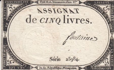 France 5 Livres 10 Brumaire An II (31.10.1793) - Sign. Fontaine