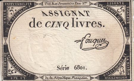 France 5 Livres 10 Brumaire An II (31.10.1793) - Sign. Fouquet