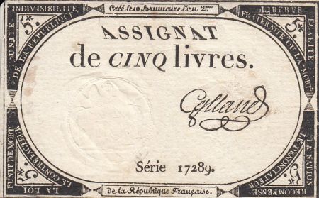 France 5 Livres 10 Brumaire An II (31.10.1793) - Sign. Galland