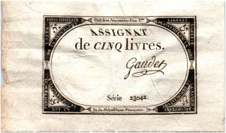 France 5 Livres 10 Brumaire An II (31.10.1793) - Sign. Gaudet