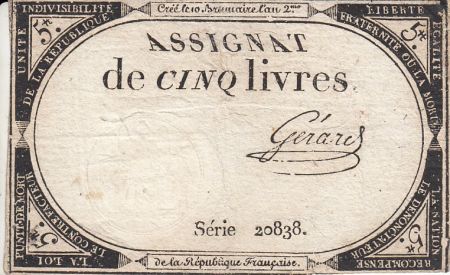 France 5 Livres 10 Brumaire An II (31.10.1793) - Sign. Gerard
