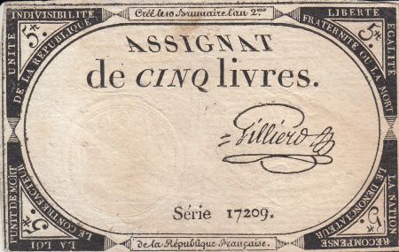 France 5 Livres 10 Brumaire An II (31.10.1793) - Sign. Gilliero