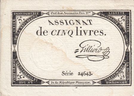 France 5 Livres 10 Brumaire An II (31.10.1793) - Sign. Gilliero