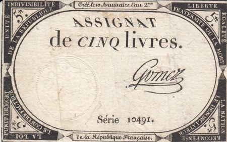 France 5 Livres 10 Brumaire An II (31.10.1793) - Sign. Gomez
