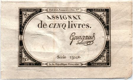 France 5 Livres 10 Brumaire An II (31.10.1793) - Sign. Gourgaud