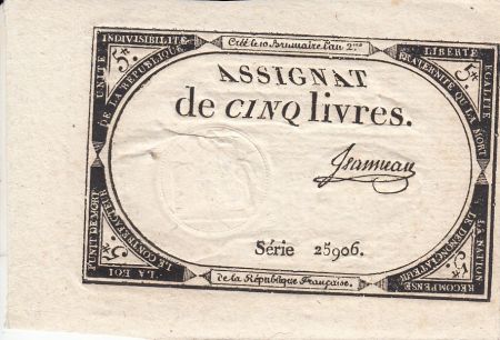 France 5 Livres 10 Brumaire An II (31.10.1793) - Sign. Jeanneau
