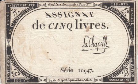 France 5 Livres 10 Brumaire An II (31.10.1793) - Sign. La Chapelle