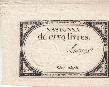 France 5 Livres 10 Brumaire An II (31.10.1793) - Sign. Lacroix