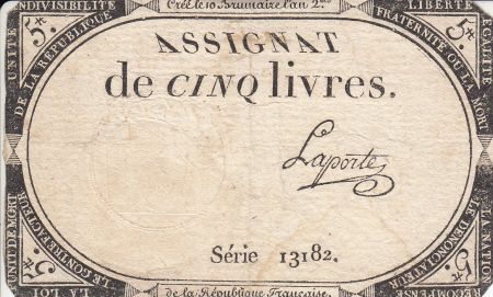France 5 Livres 10 Brumaire An II (31.10.1793) - Sign. Laporte