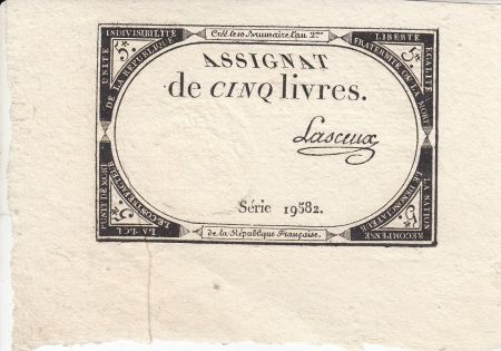 France 5 Livres 10 Brumaire An II (31.10.1793) - Sign. Lasceux