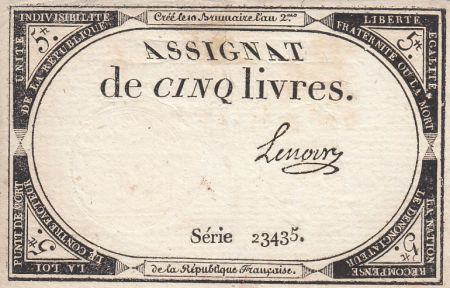 France 5 Livres 10 Brumaire An II (31.10.1793) - Sign. Lenoir