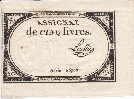 France 5 Livres 10 Brumaire An II (31.10.1793) - Sign. Leullier