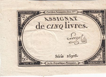 France 5 Livres 10 Brumaire An II (31.10.1793) - Sign. Loegel