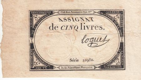 France 5 Livres 10 Brumaire An II (31.10.1793) - Sign. Loquet