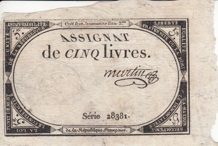 France 5 Livres 10 Brumaire An II (31.10.1793) - Sign. Martin