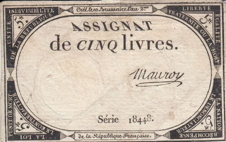 France 5 Livres 10 Brumaire An II (31.10.1793) - Sign. Mauroy