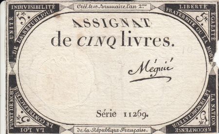 France 5 Livres 10 Brumaire An II (31.10.1793) - Sign. Megnie