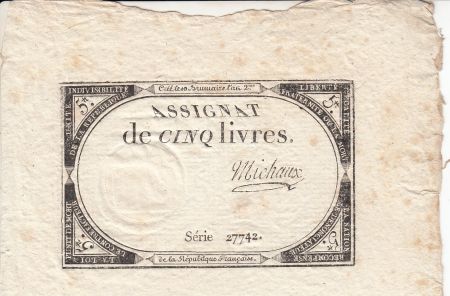 France 5 Livres 10 Brumaire An II (31.10.1793) - Sign. Michaux