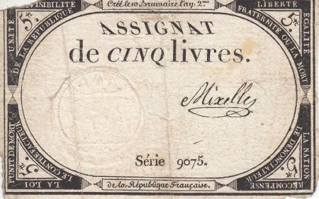 France 5 Livres 10 Brumaire An II (31.10.1793) - Sign. Mixelle