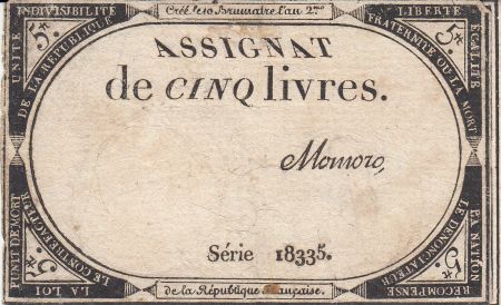 France 5 Livres 10 Brumaire An II (31.10.1793) - Sign. Momoro