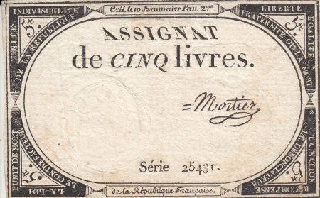France 5 Livres 10 Brumaire An II (31.10.1793) - Sign. Mortier