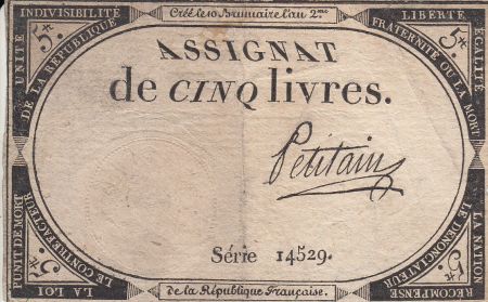 France 5 Livres 10 Brumaire An II (31.10.1793) - Sign. Petitain