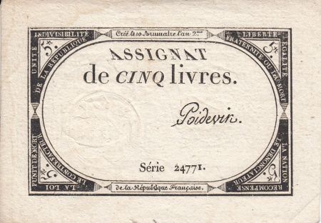 France 5 Livres 10 Brumaire An II (31.10.1793) - Sign. Poidevin