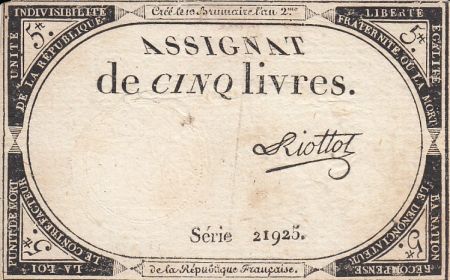 France 5 Livres 10 Brumaire An II (31.10.1793) - Sign. Riottot