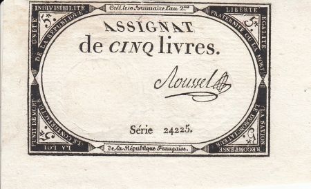 France 5 Livres 10 Brumaire An II (31.10.1793) - Sign. Roussel