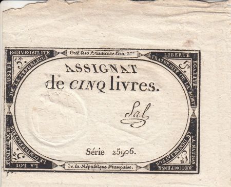 France 5 Livres 10 Brumaire An II (31.10.1793) - Sign. Sal