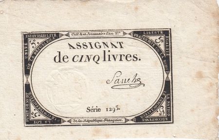 France 5 Livres 10 Brumaire An II (31.10.1793) - Sign. Sanche