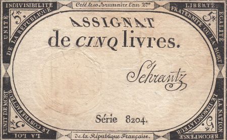 France 5 Livres 10 Brumaire An II (31.10.1793) - Sign. Schrantz