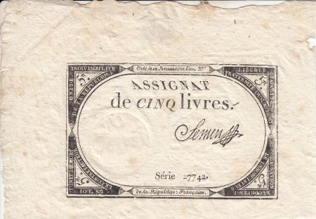 France 5 Livres 10 Brumaire An II (31.10.1793) - Sign. Semen