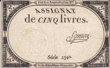 France 5 Livres 10 Brumaire An II (31.10.1793) - Sign. Symon
