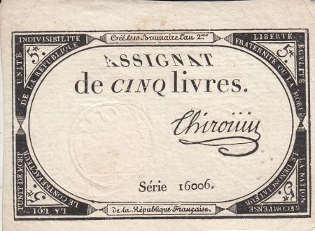 France 5 Livres 10 Brumaire An II (31.10.1793) - Sign. Thirouin