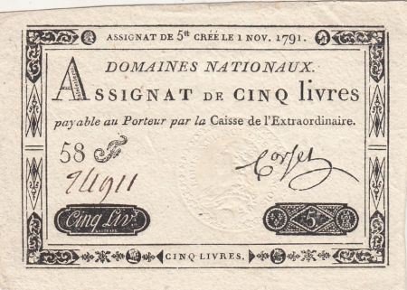France 5 Livres Louis XVI 01-11-1791 - Série 58 F