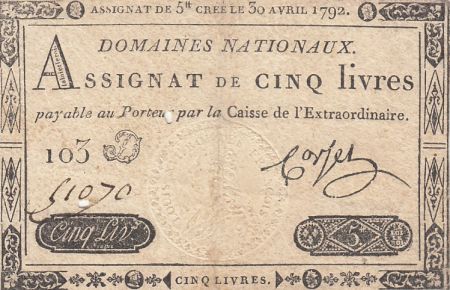France 5 Livres Louis XVI 30-04-1792 - Série 103 D