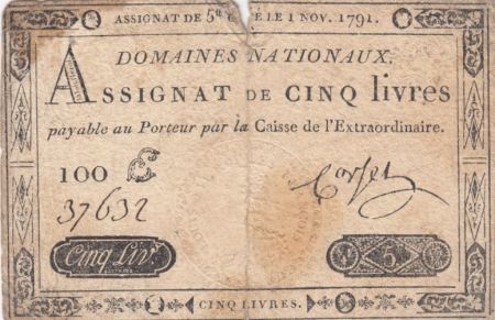 France 5 Livres Timbre sec Louis XVI - 01-11-1791 - Série 100 E - P.TB