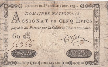 France 5 Livres Timbre sec Louis XVI - 01-11-1791 - Série 60 B - TB