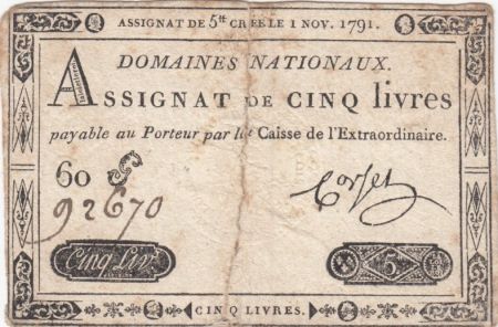 France 5 Livres Timbre sec Louis XVI - 01-11-1791 - Série 60 G - P.TB