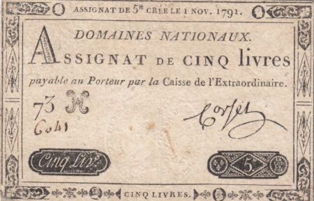 France 5 Livres Timbre sec Louis XVI - 01-11-1791 - Série 73 H - TTB