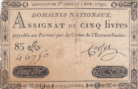 France 5 Livres Timbre sec Louis XVI - 01-11-1791 - Série 83 A - P.TB