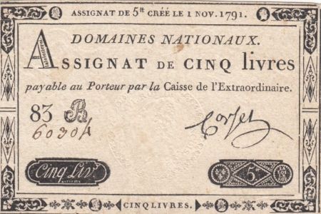 France 5 Livres Timbre sec Louis XVI - 01-11-1791 - Série 83 B - TTB