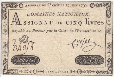 France 5 Livres Timbre sec Louis XVI - 27-06-1792 - Série 7 D