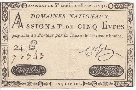 France 5 Livres Timbre sec Louis XVI - 28-09-1791 - Série 24 C