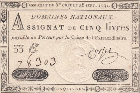 France 5 Livres Timbre sec Louis XVI - 28-09-1791 - Série 33 E - SPL