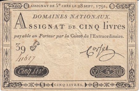 France 5 Livres Timbre sec Louis XVI - 28-09-1791 - Série 39 G