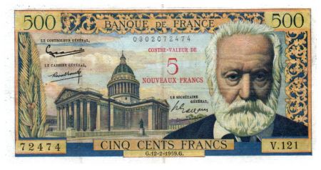 France 5 NF sur 500 Francs Victor Hugo - 12-02-1959 - Série V.121 - TB+